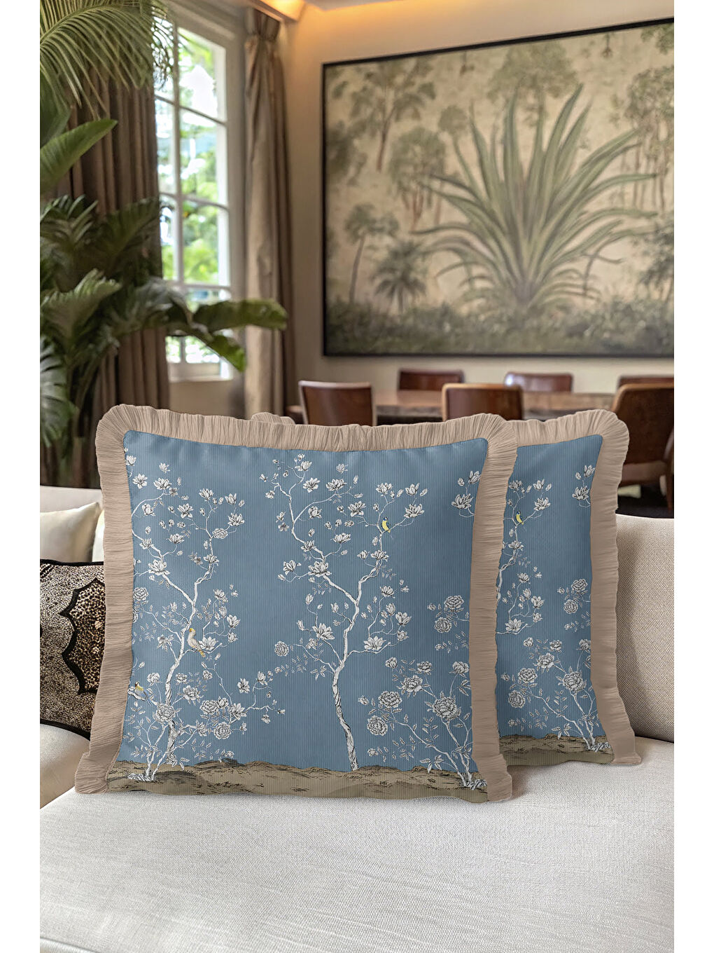 Karışık Çiçekli Bahar Şıklığı Saçaklı Yastık Kılıfı - Doğa Esintili Klasik Mavi Bej Püsküllü Kırlent Kılıfı-5