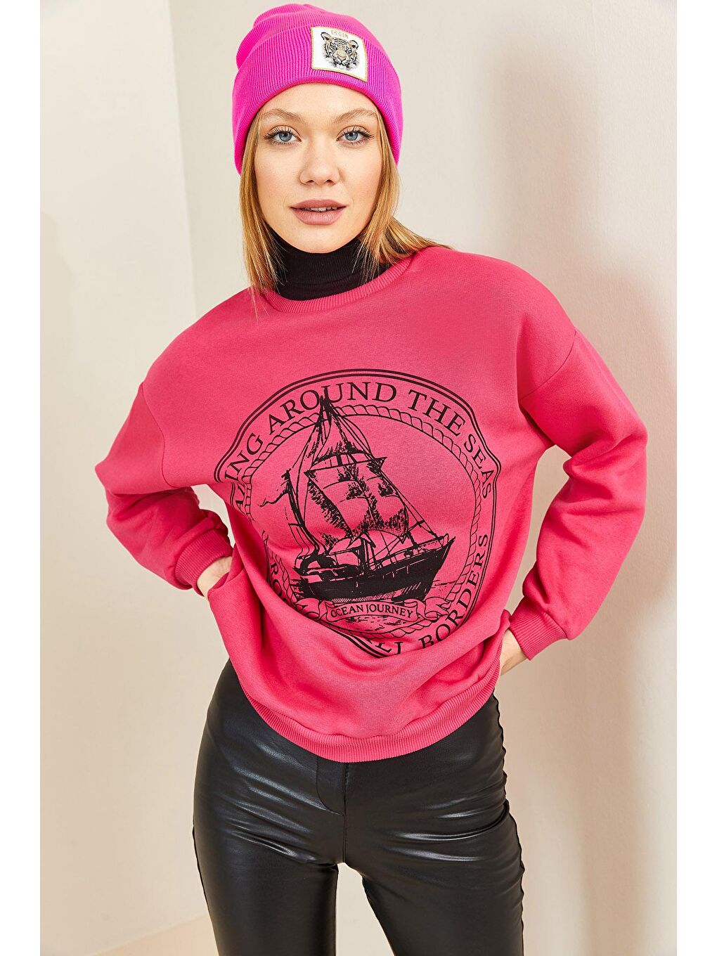 Fuşya Bisiklet Yaka Şardonlu Sweatshirt 3KXK8-46637-07-1