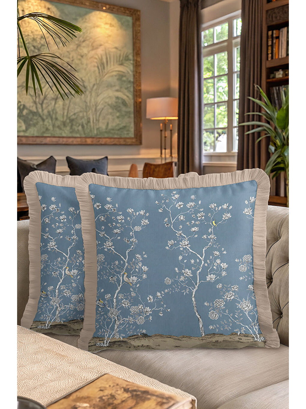Karışık Çiçekli Bahar Şıklığı Saçaklı Yastık Kılıfı - Doğa Esintili Klasik Mavi Bej Püsküllü Kırlent Kılıfı-7