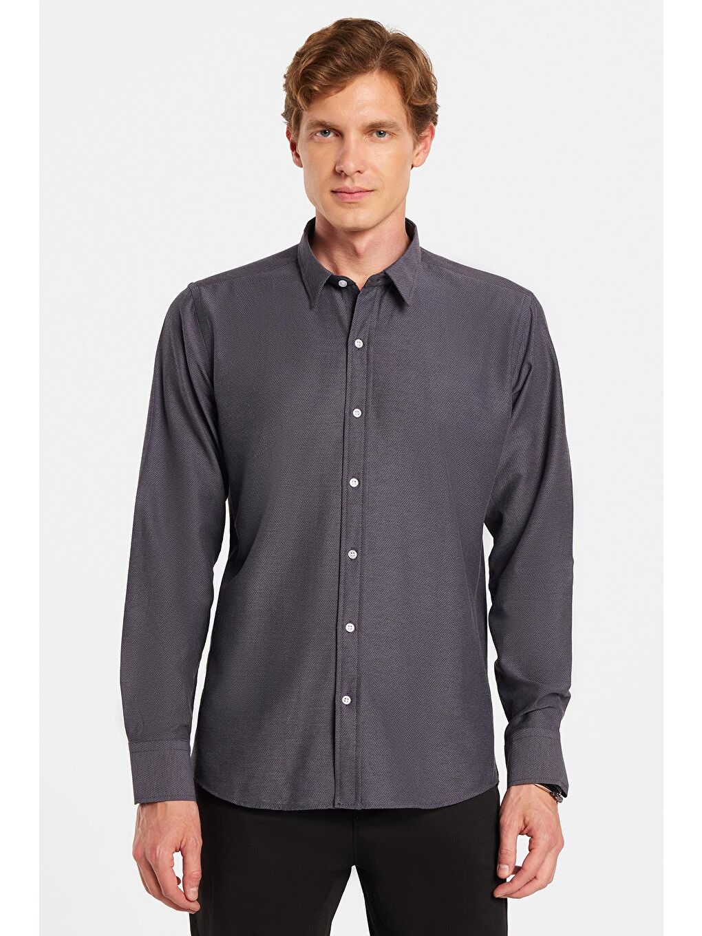 Gri Modern Slim Fit Uzun Kollu Pamuklu Kolay Ütü Armürlü Erkek Füme Gömlek-3