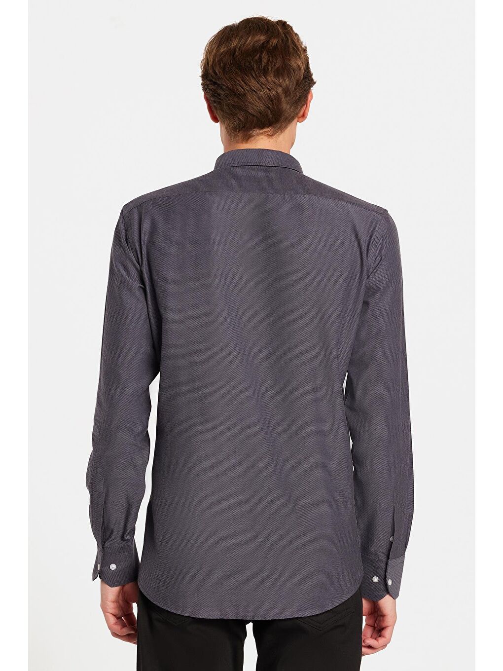 Gri Modern Slim Fit Uzun Kollu Pamuklu Kolay Ütü Armürlü Erkek Füme Gömlek-4