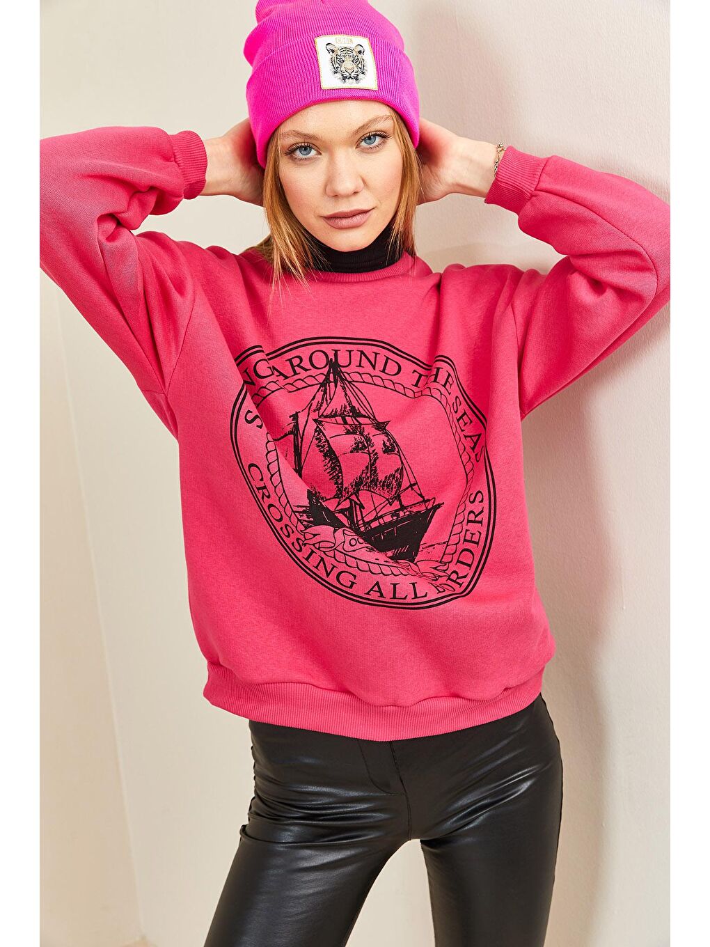 Fuşya Bisiklet Yaka Şardonlu Sweatshirt 3KXK8-46637-07-2