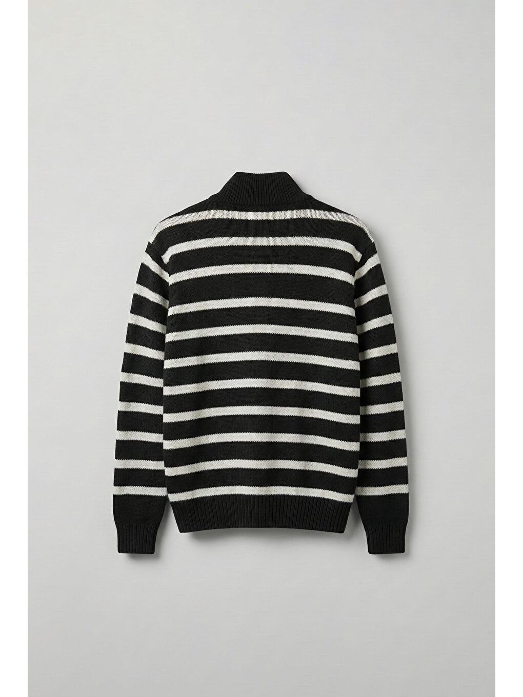 Erkek Oversize Fermuarlı Çizgili Kazak Siyah-1