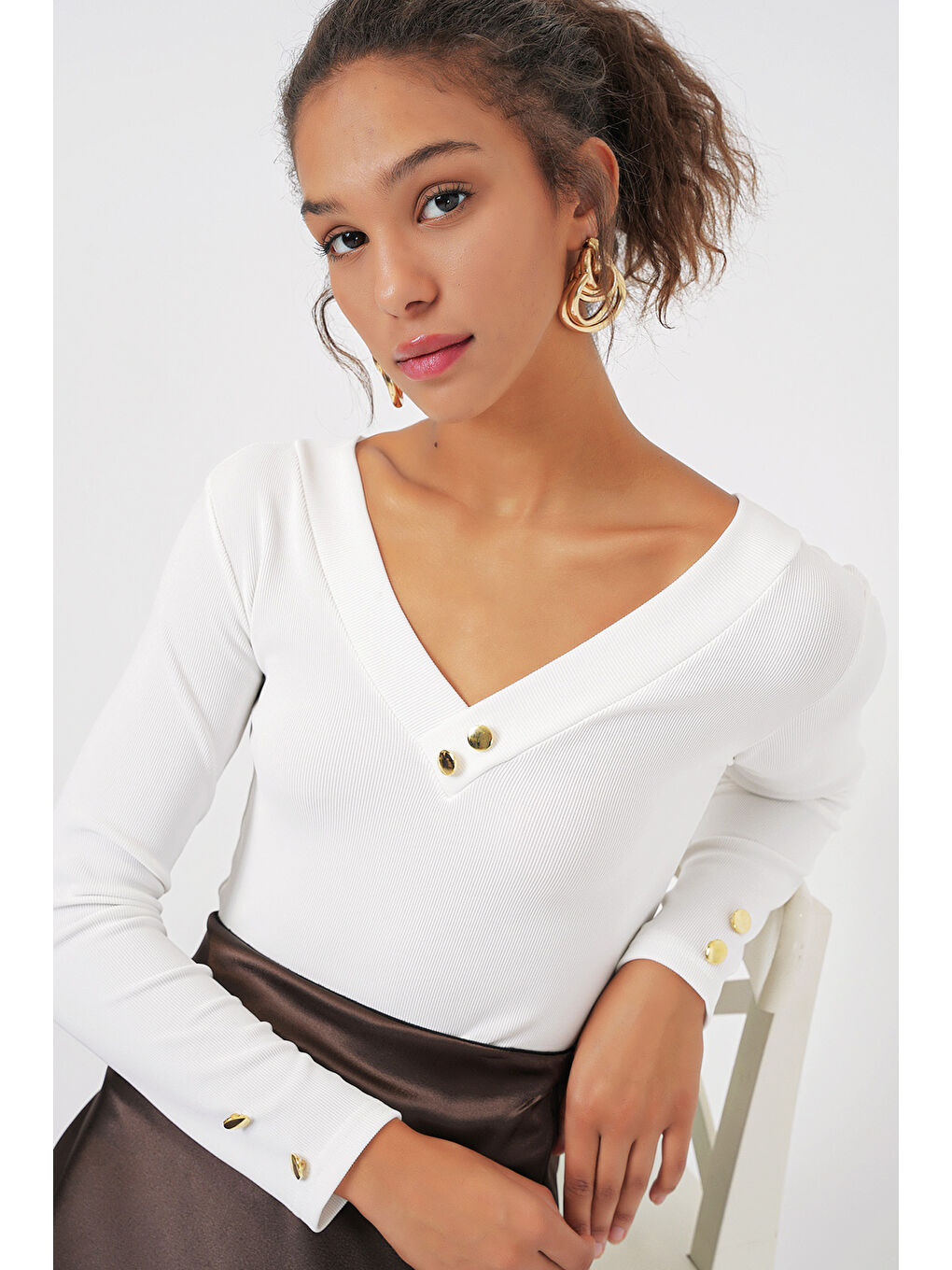 923 Uzun Kollu Body - Beyaz