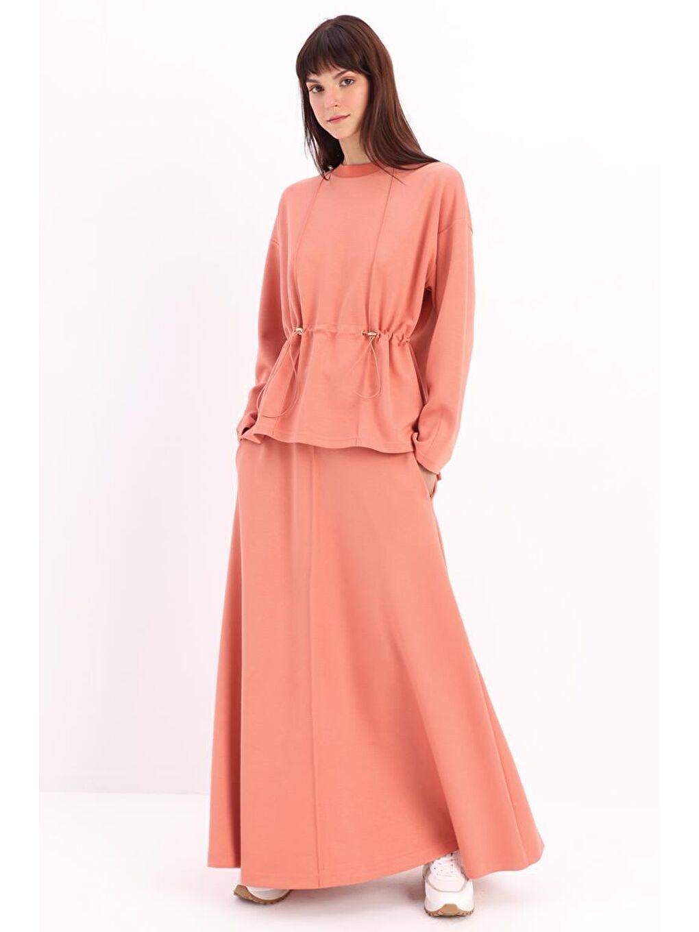 Pembe Somon-Beli Büzgülü Örme Etekli Takım