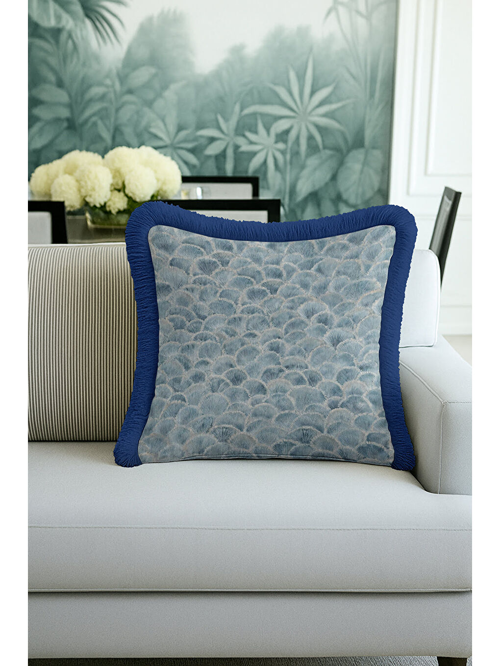 Karışık Lüks Deniz Kabuğu Saçaklı Yastık Kılıfı - Fine Art Deco Modern Mavi Püsküllü Kırlent Kılıfı-2