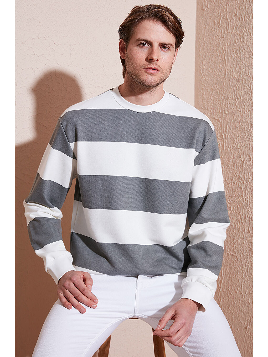 Haki Pamuklu Çizgili Regular Fit Bisiklet Yaka Erkek Sweat 5905790