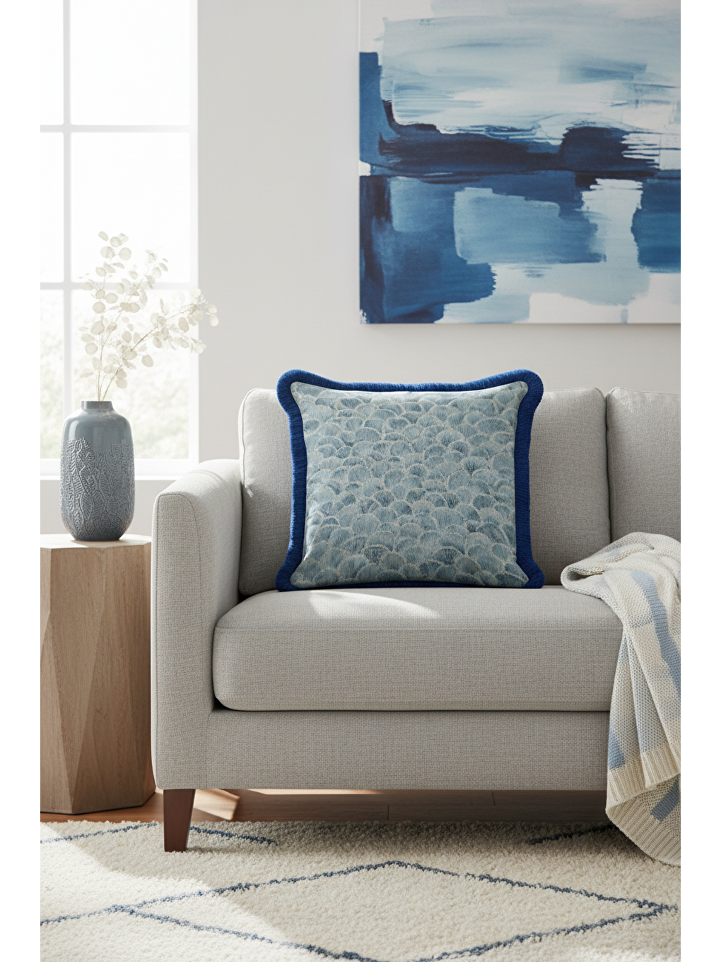 Karışık Lüks Deniz Kabuğu Saçaklı Yastık Kılıfı - Fine Art Deco Modern Mavi Püsküllü Kırlent Kılıfı-4