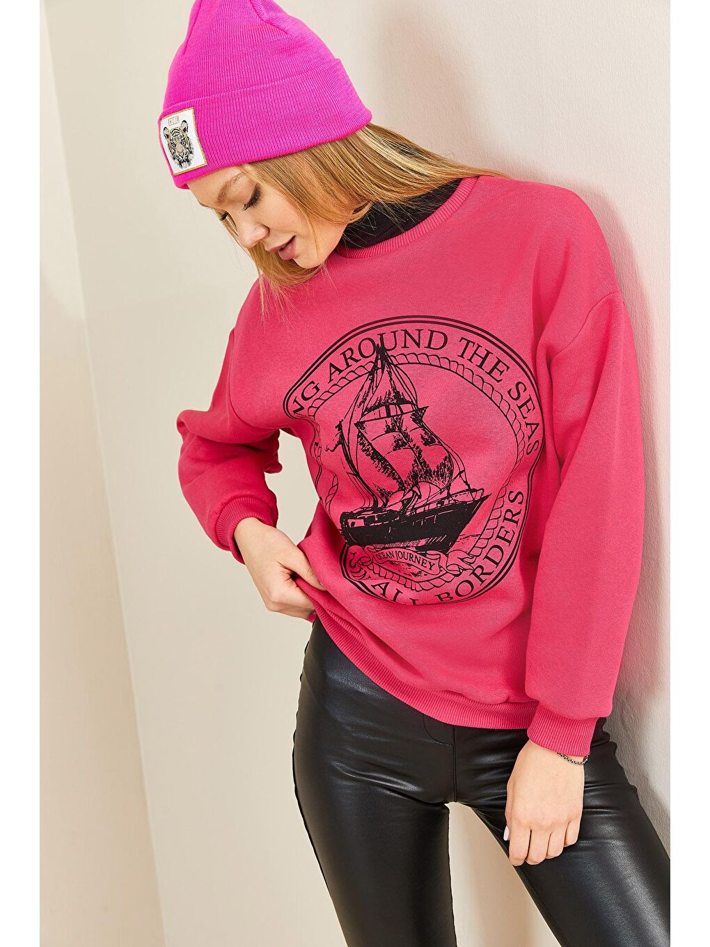 Fuşya Bisiklet Yaka Şardonlu Sweatshirt 3KXK8-46637-07-3
