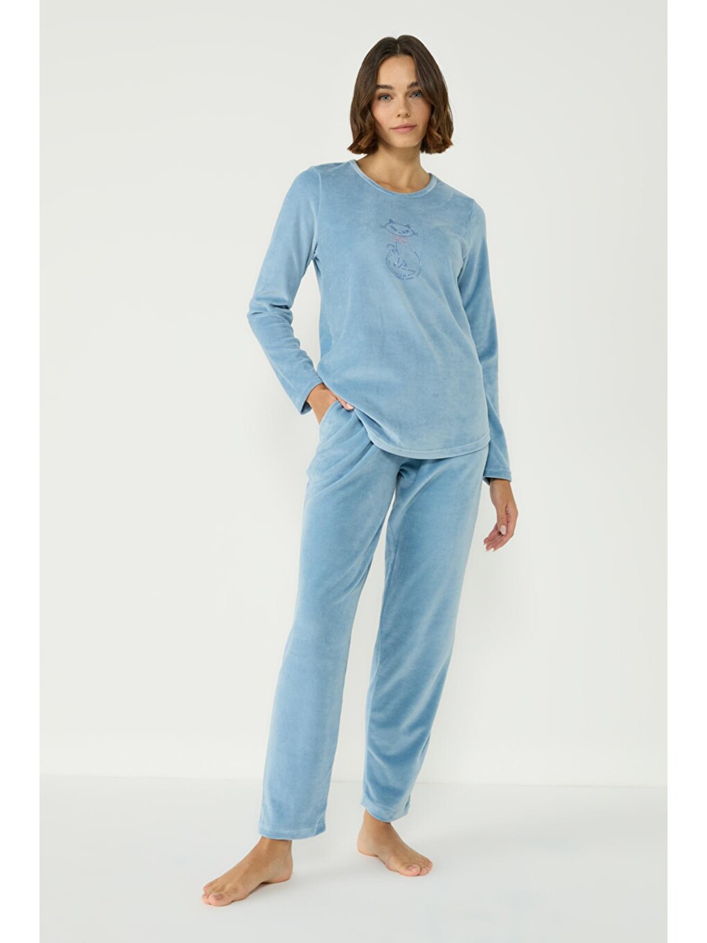 Kadife Bisiklet Yaka Uzun Kol Cepli Pijama Takım 403091 Mavi-2