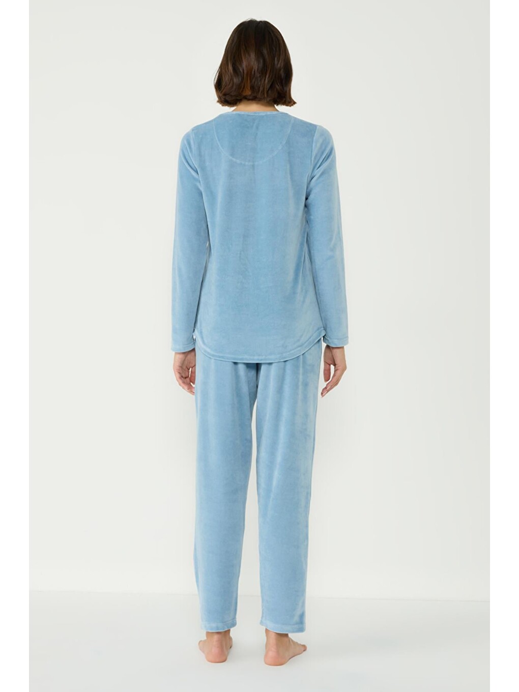 Kadife Bisiklet Yaka Uzun Kol Cepli Pijama Takım 403091 Mavi-5