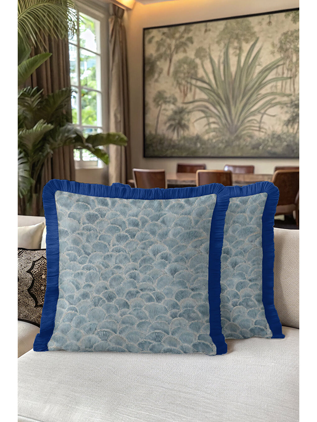 Karışık Lüks Deniz Kabuğu Saçaklı Yastık Kılıfı - Fine Art Deco Modern Mavi Püsküllü Kırlent Kılıfı-5