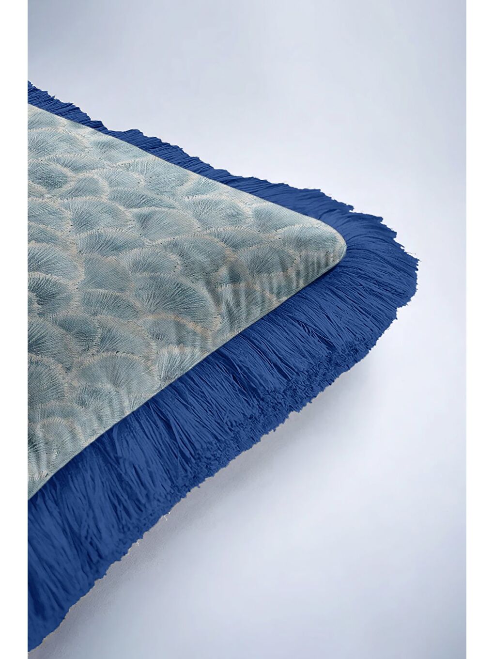 Karışık Lüks Deniz Kabuğu Saçaklı Yastık Kılıfı - Fine Art Deco Modern Mavi Püsküllü Kırlent Kılıfı-6