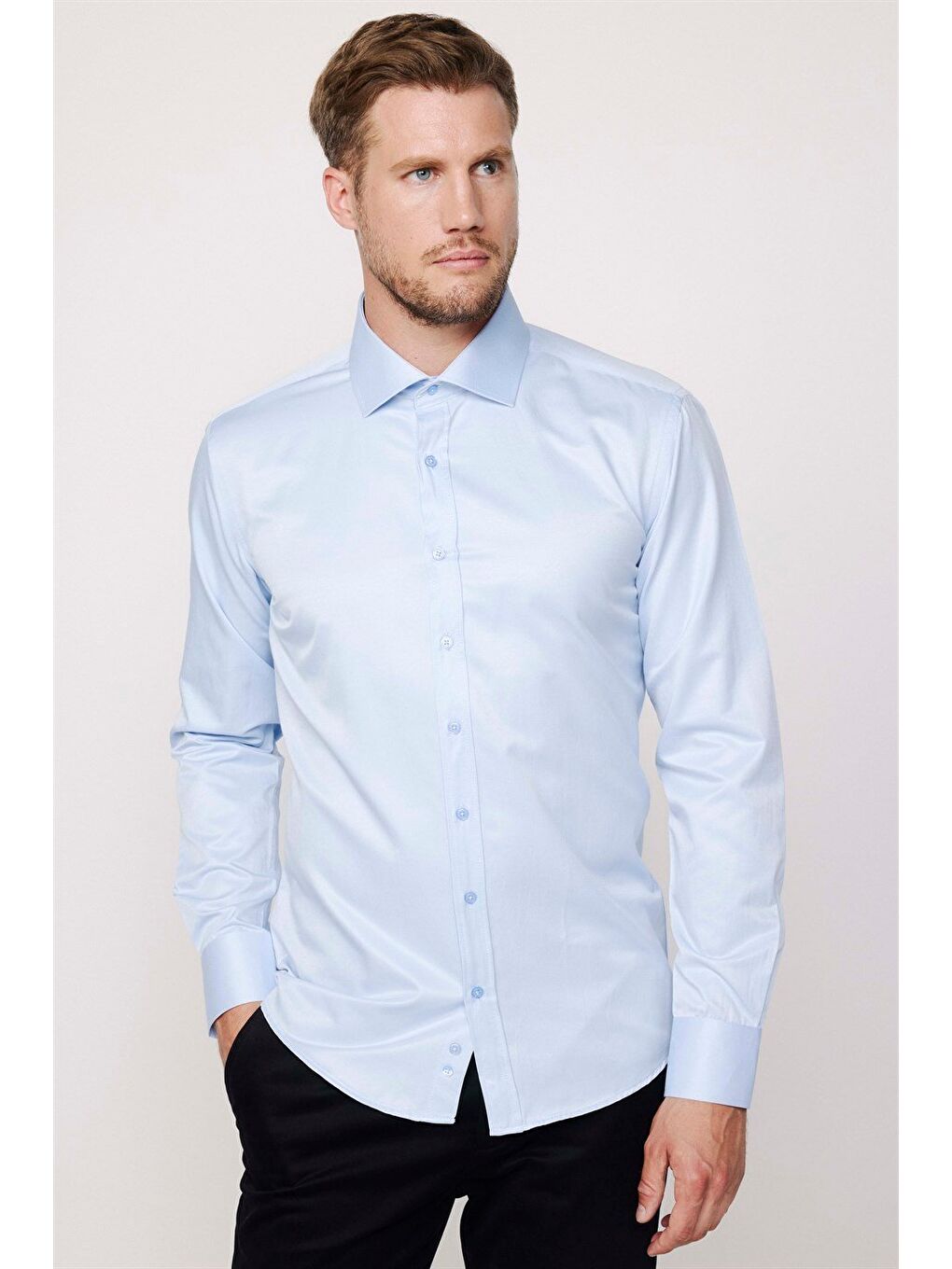 Mavi Modern Slim Fit Düz Saten Pamuklu Erkek Gömlek-1