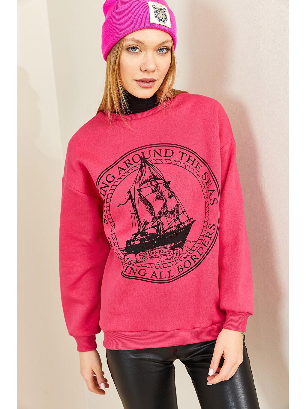 Fuşya Bisiklet Yaka Şardonlu Sweatshirt 3KXK8-46637-07-4