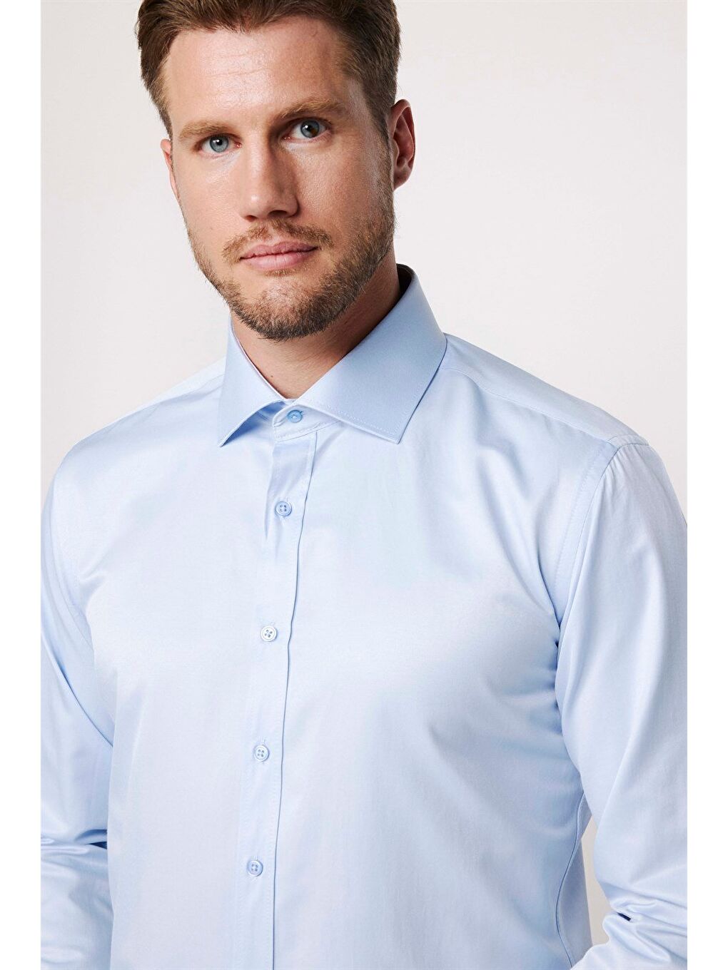 Mavi Modern Slim Fit Düz Saten Pamuklu Erkek Gömlek-2