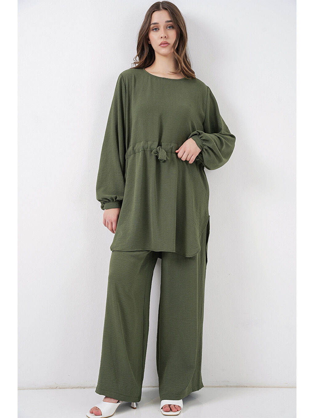 Kadın Uzun Tunik Pantolon İkili Takım 6719 - Haki-3