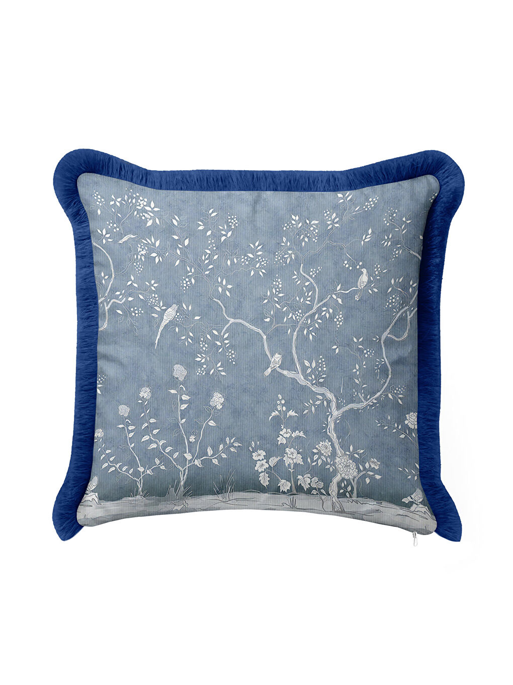 Karışık Zarif Kuşlu Çiçekli Saçaklı Yastık Kılıfı - Klasik Bahçe Temalı Mavi Püsküllü Kırlent Kılıfı