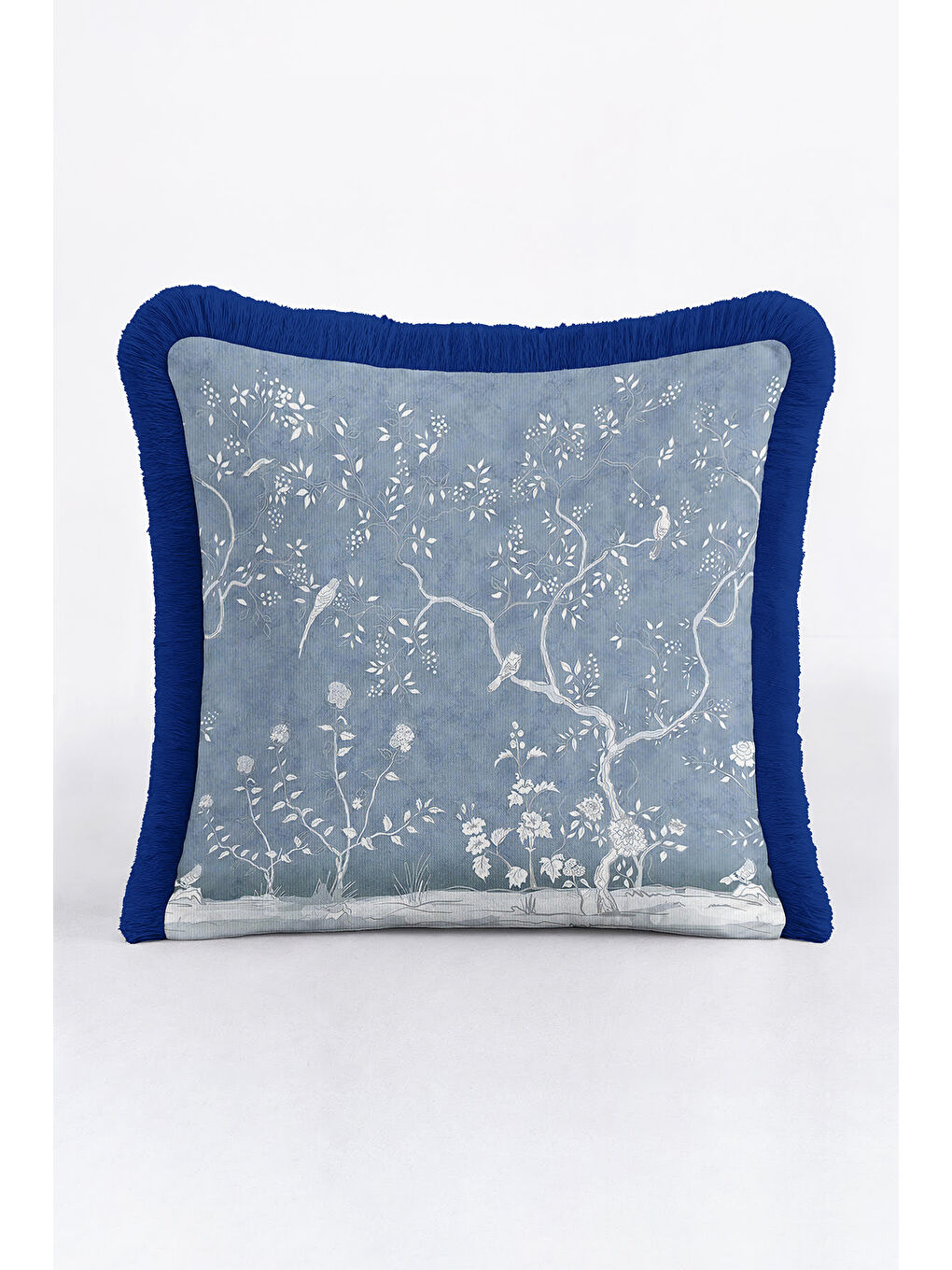Karışık Zarif Kuşlu Çiçekli Saçaklı Yastık Kılıfı - Klasik Bahçe Temalı Mavi Püsküllü Kırlent Kılıfı-1
