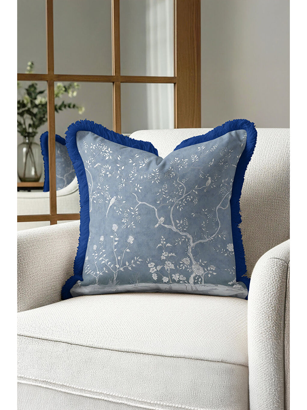 Karışık Zarif Kuşlu Çiçekli Saçaklı Yastık Kılıfı - Klasik Bahçe Temalı Mavi Püsküllü Kırlent Kılıfı-3