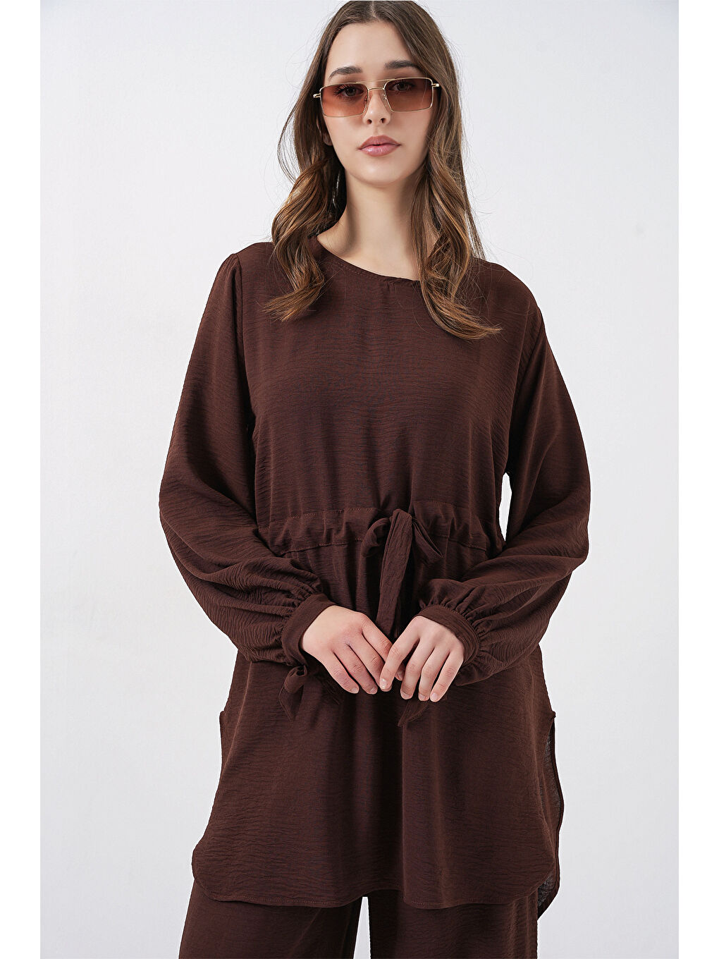 Kadın Uzun Tunik Pantolon İkili Takım 6719 - Kahverengi-1