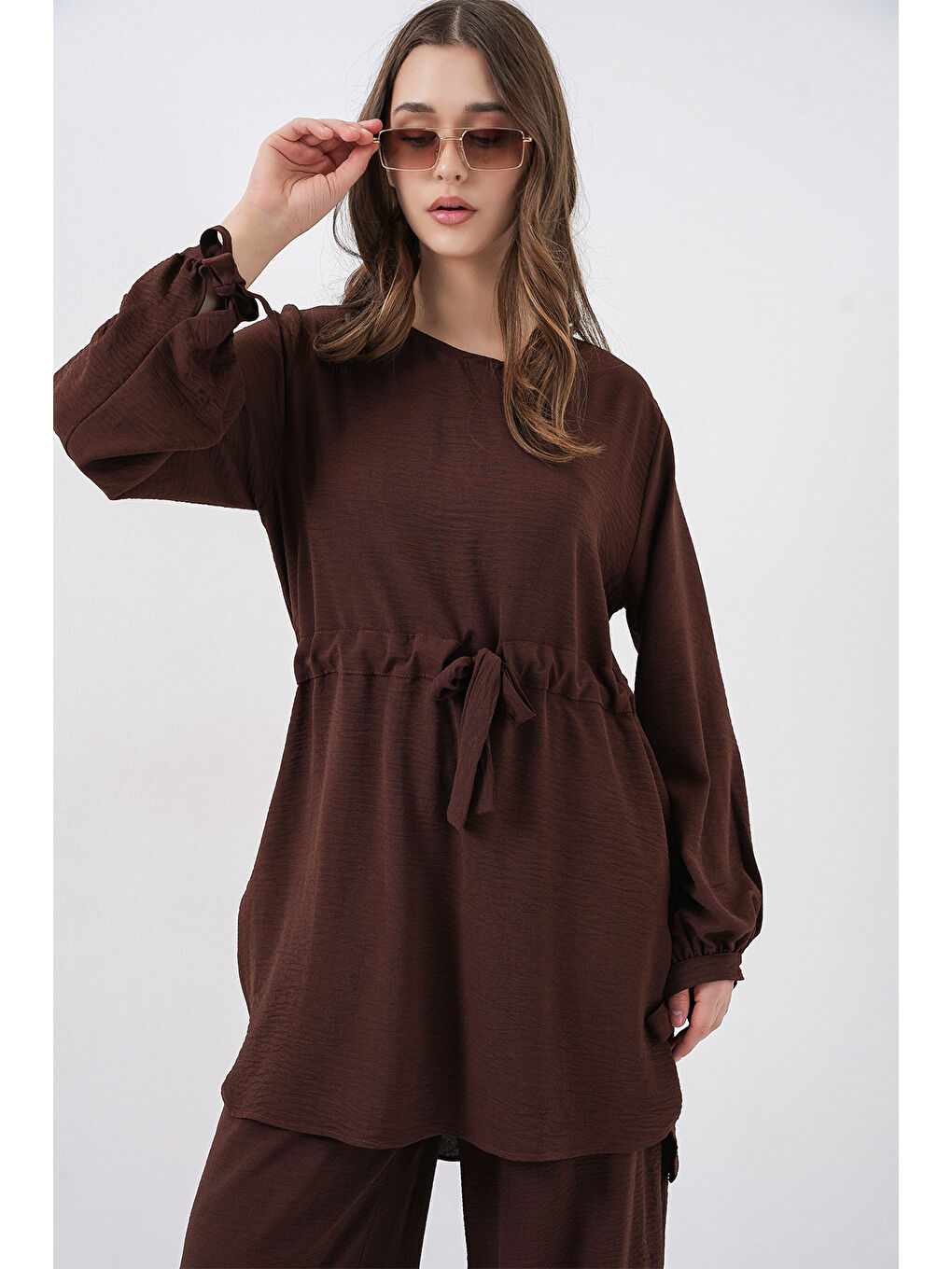 Kadın Uzun Tunik Pantolon İkili Takım 6719 - Kahverengi-3