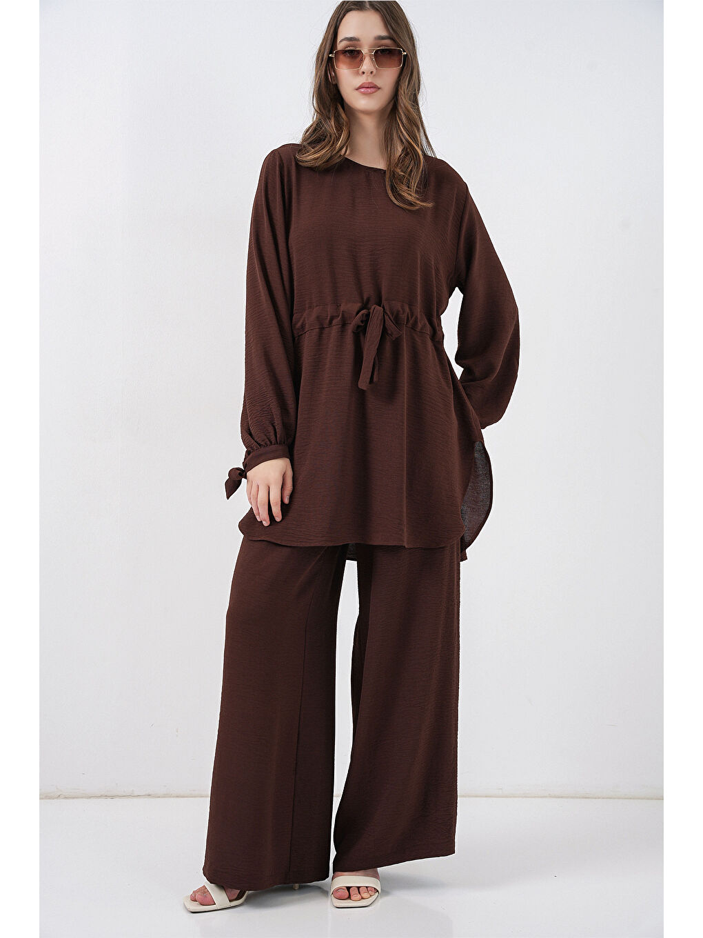 Kadın Uzun Tunik Pantolon İkili Takım 6719 - Kahverengi-4