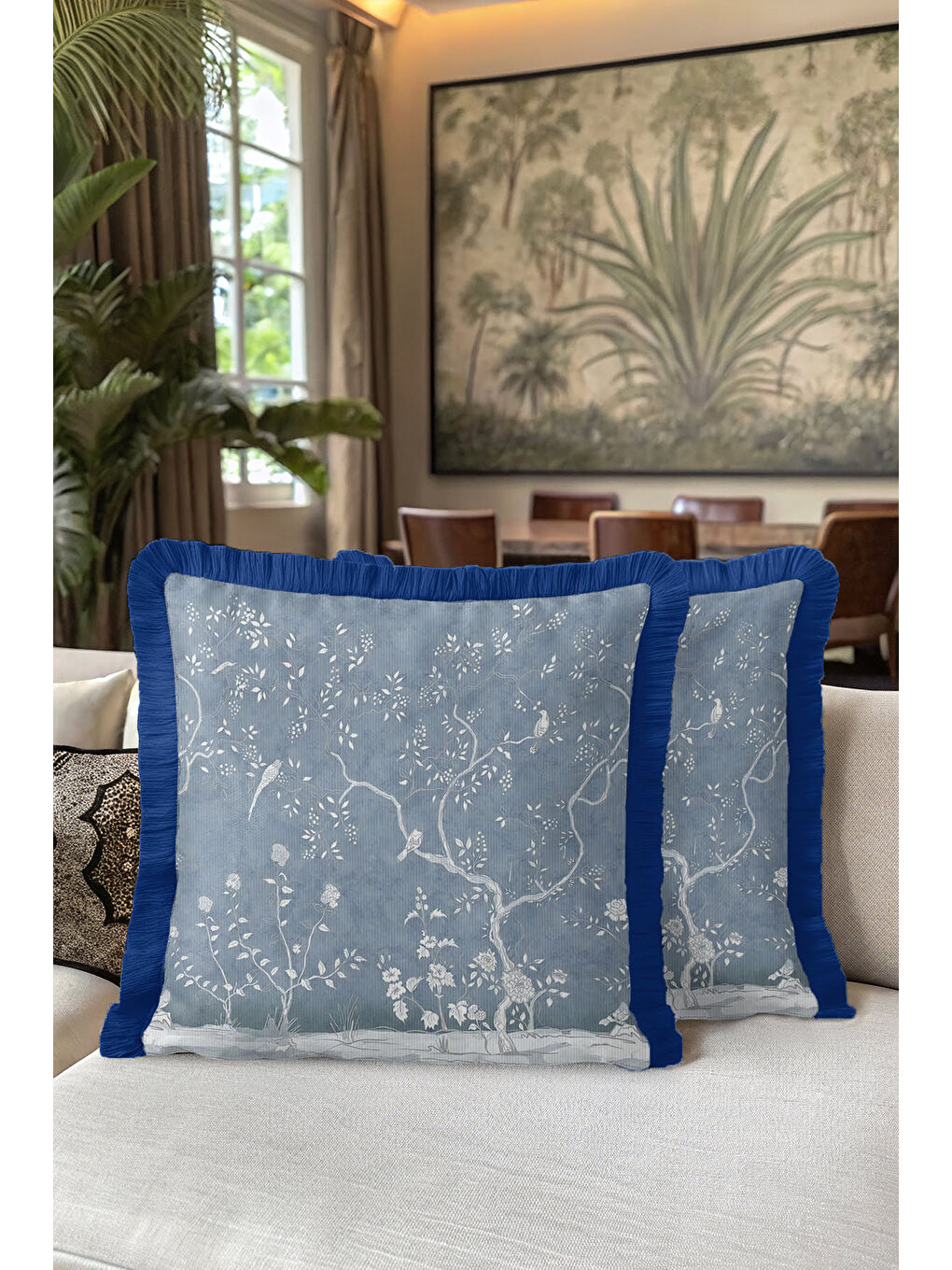 Karışık Zarif Kuşlu Çiçekli Saçaklı Yastık Kılıfı - Klasik Bahçe Temalı Mavi Püsküllü Kırlent Kılıfı-5