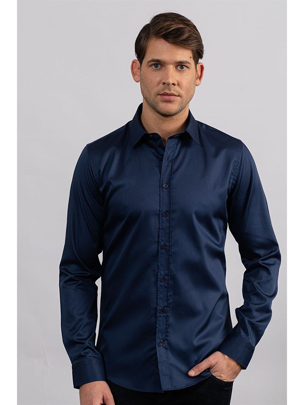 Slım Fıt Uzun Kollu %100 Pamuk Satenpremium Erkek Lacivert Gömlek