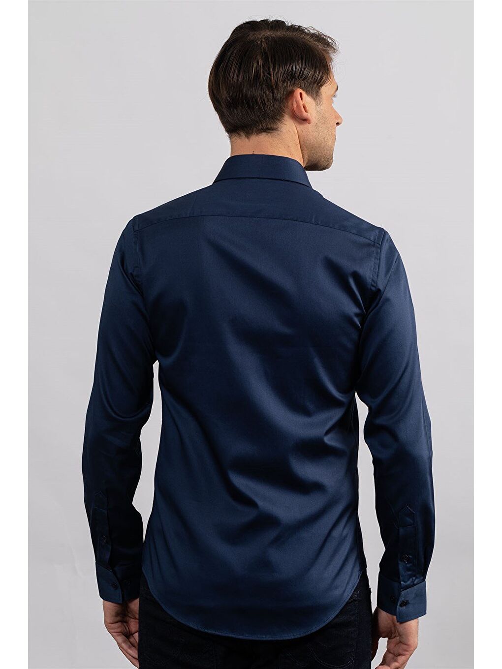 Slım Fıt Uzun Kollu %100 Pamuk Satenpremium Erkek Lacivert Gömlek-3