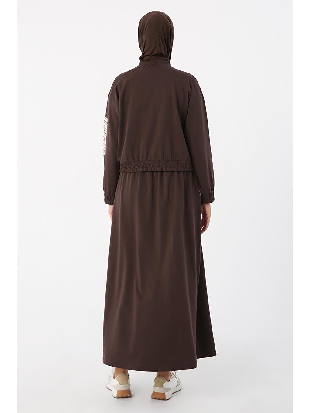 Kahverengi Koyu Kahve-Desenli Kumaş Garnili Etekli Takım-3