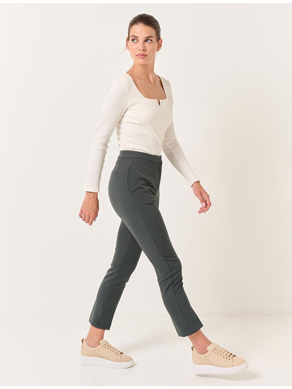 Haki Yüksek Bel Klasik Kumaş Pantolon-2