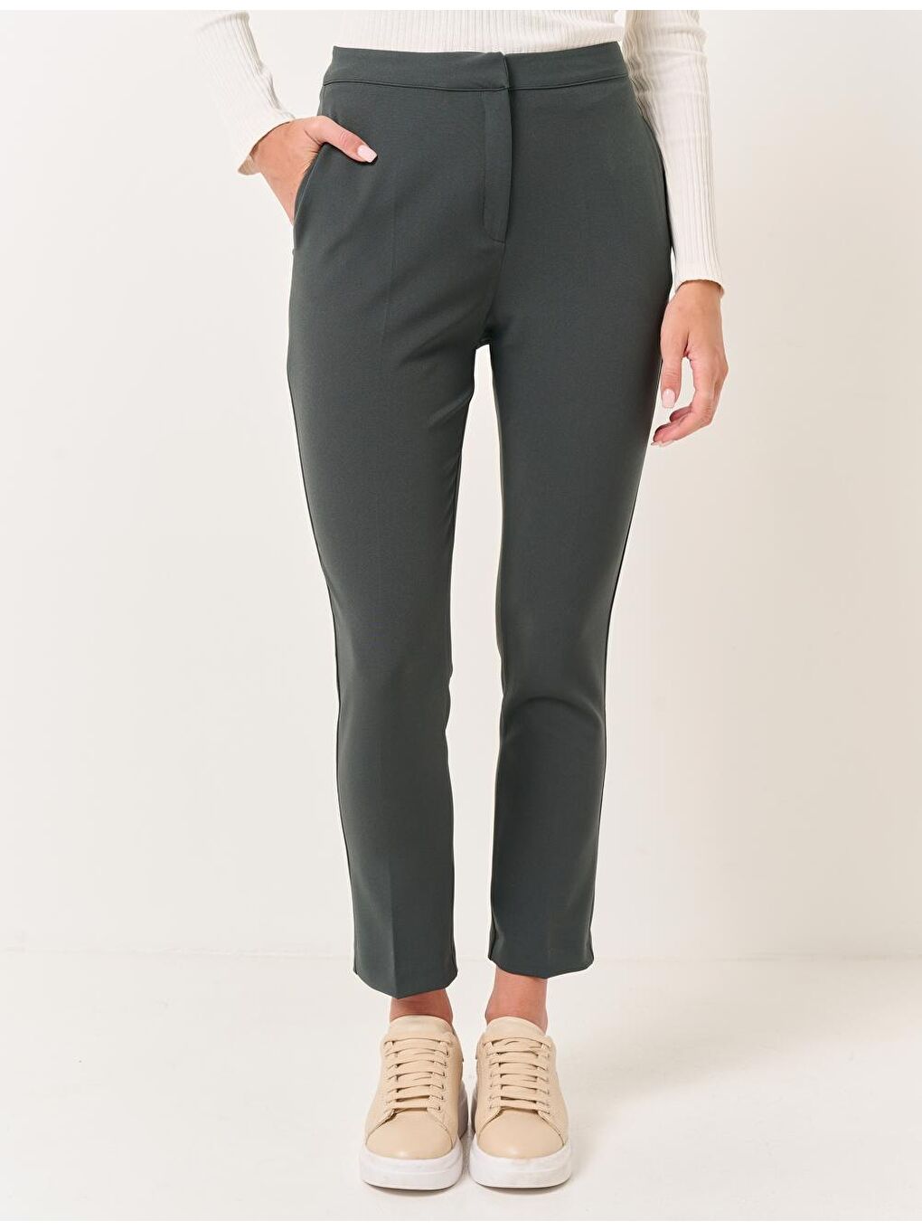 Haki Yüksek Bel Klasik Kumaş Pantolon-4