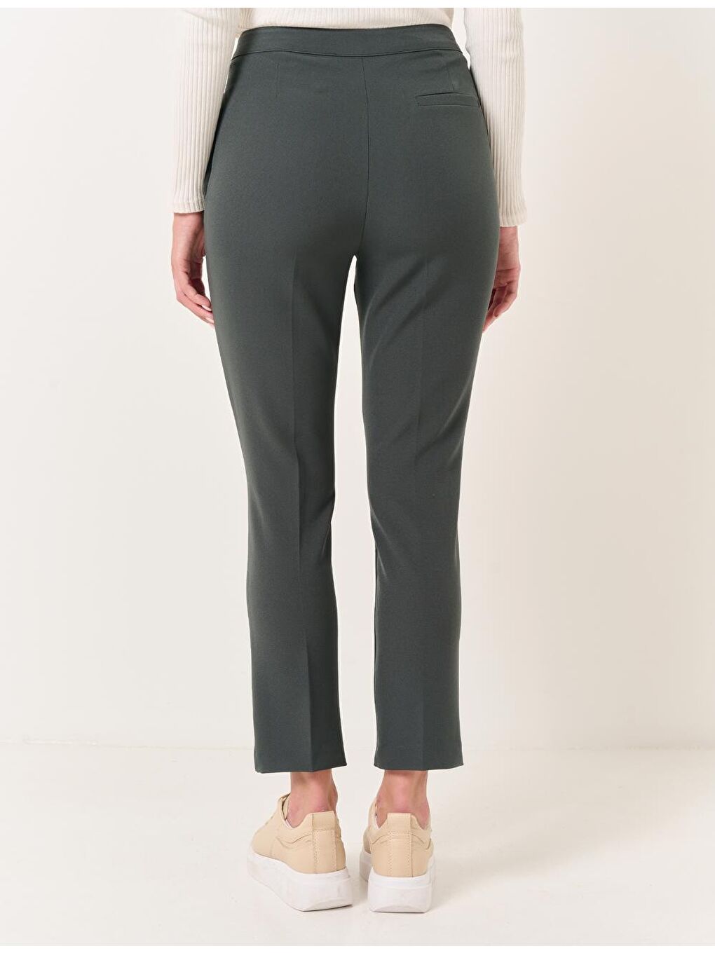 Haki Yüksek Bel Klasik Kumaş Pantolon-5