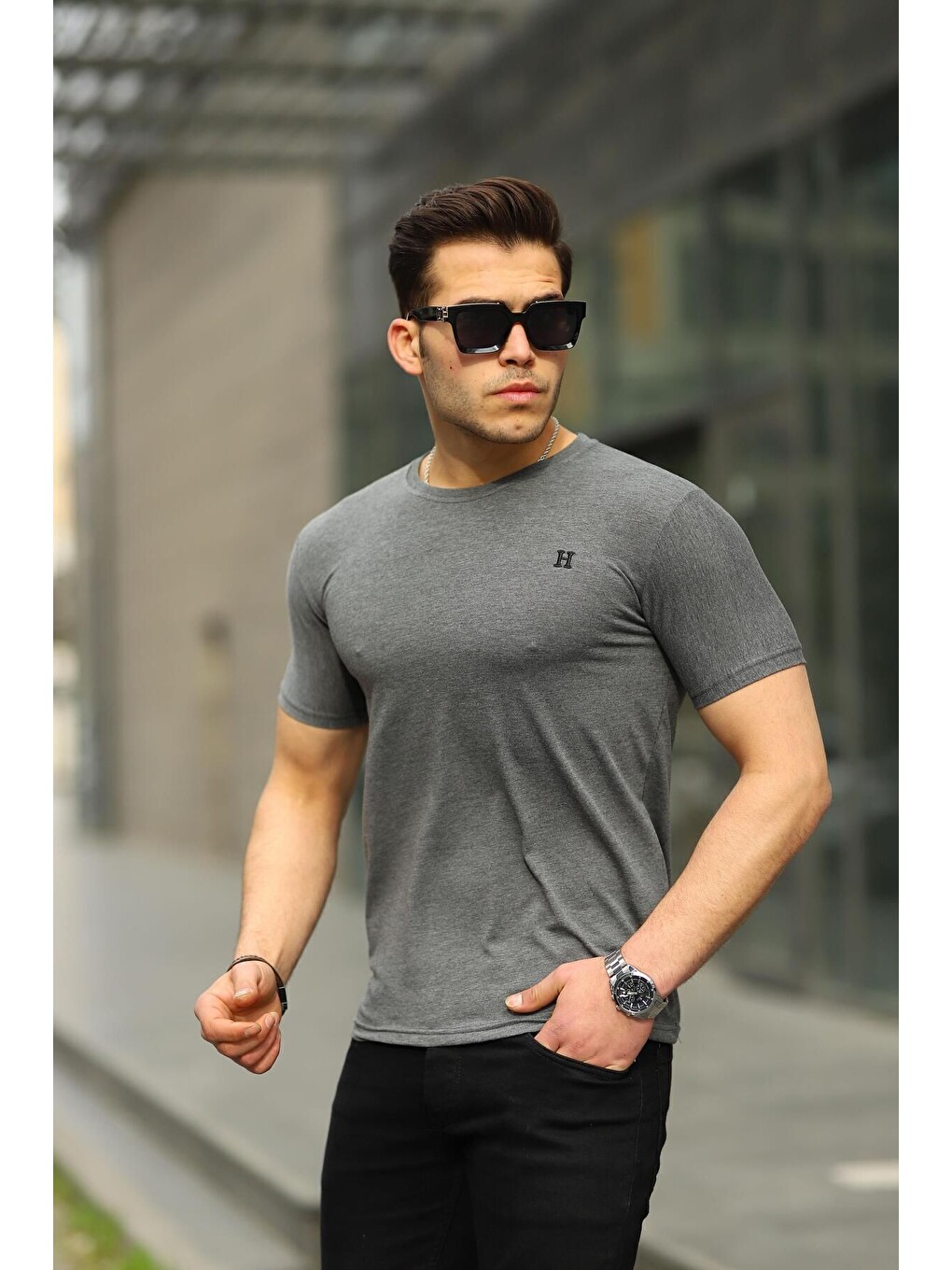 Gri Erkek H Nakış Desenli Oversize Tshirt-3