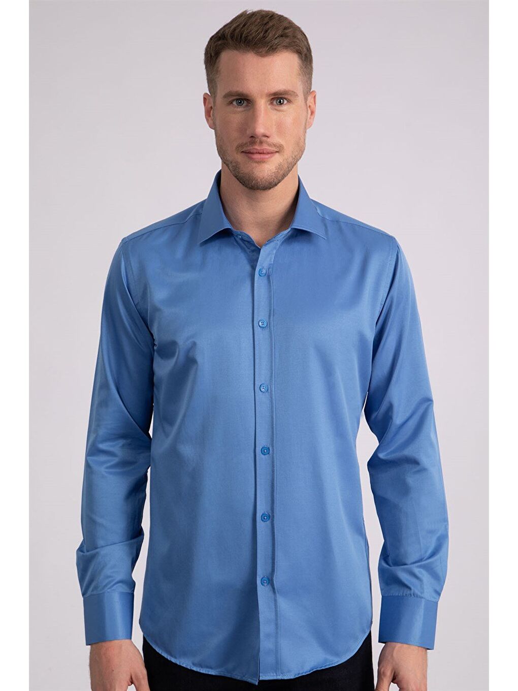 Erkek Modern Slim Fit Düz Saten Pamuklu Mavi Gömlek-1