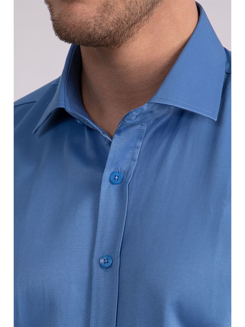 Erkek Modern Slim Fit Düz Saten Pamuklu Mavi Gömlek-2