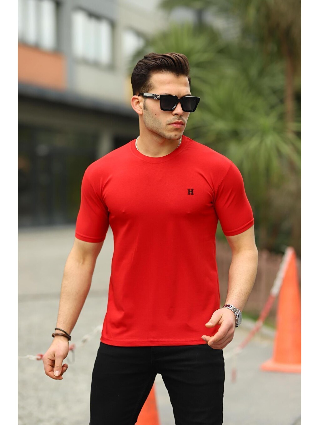 Kırmızı Erkek H Nakış Desenli Oversize Tshirt-3