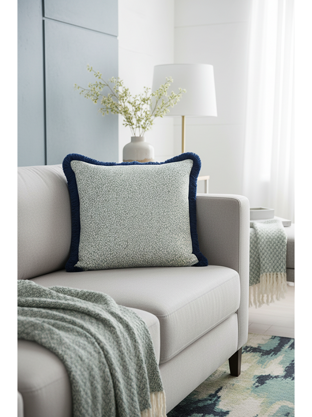 Karışık Zarif Yaprak Motifli Saçaklı Yastık Kılıfı - Mavi Kenarlı İskandinav Yeşil Püsküllü Kırlent Kılıfı-1