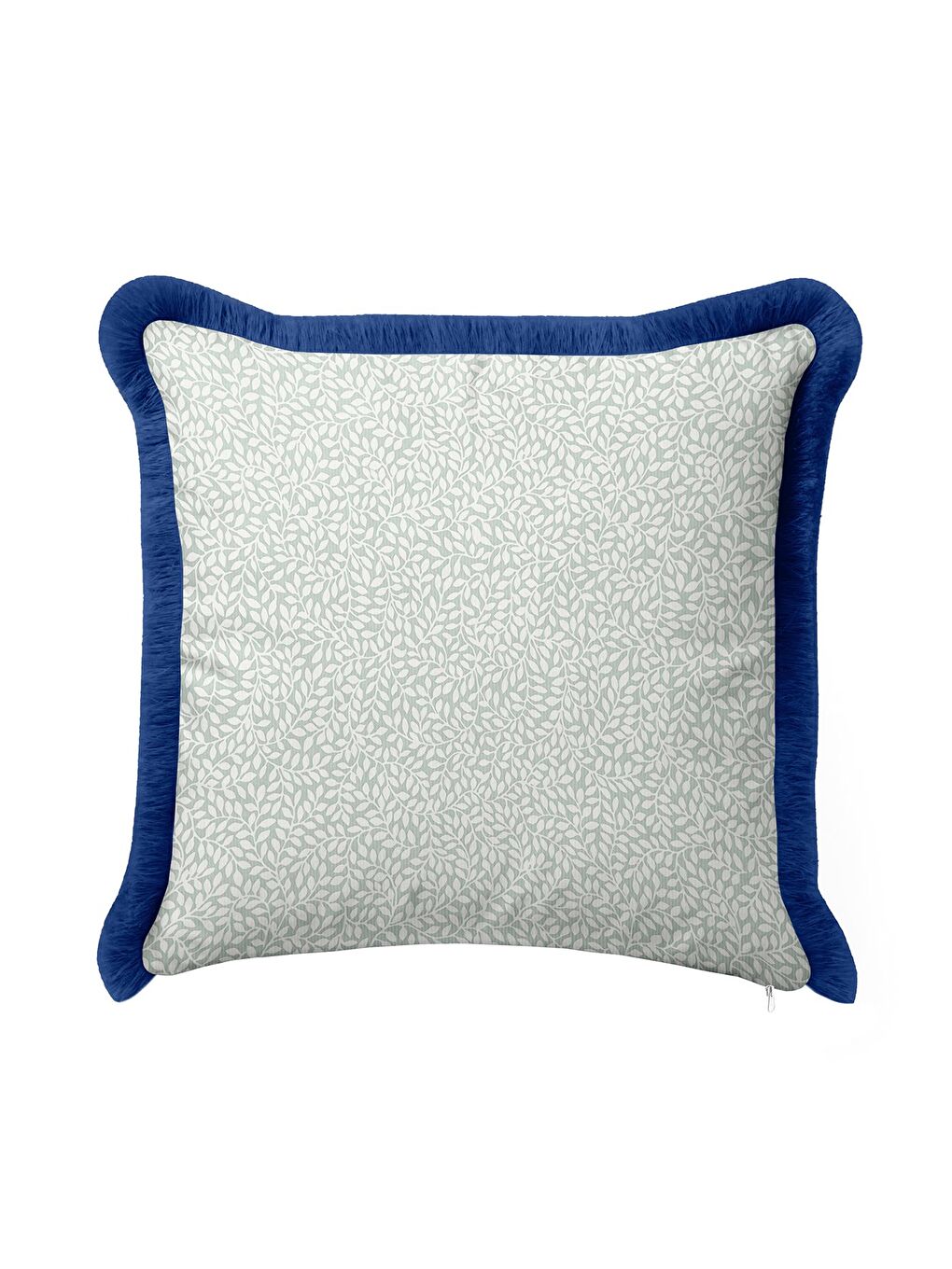 Karışık Zarif Yaprak Motifli Saçaklı Yastık Kılıfı - Mavi Kenarlı İskandinav Yeşil Püsküllü Kırlent Kılıfı-2