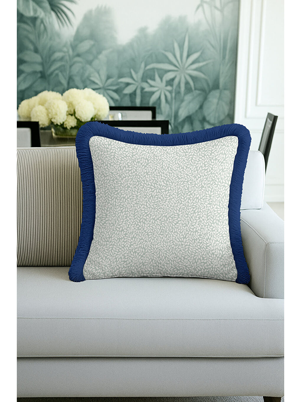 Karışık Zarif Yaprak Motifli Saçaklı Yastık Kılıfı - Mavi Kenarlı İskandinav Yeşil Püsküllü Kırlent Kılıfı-3