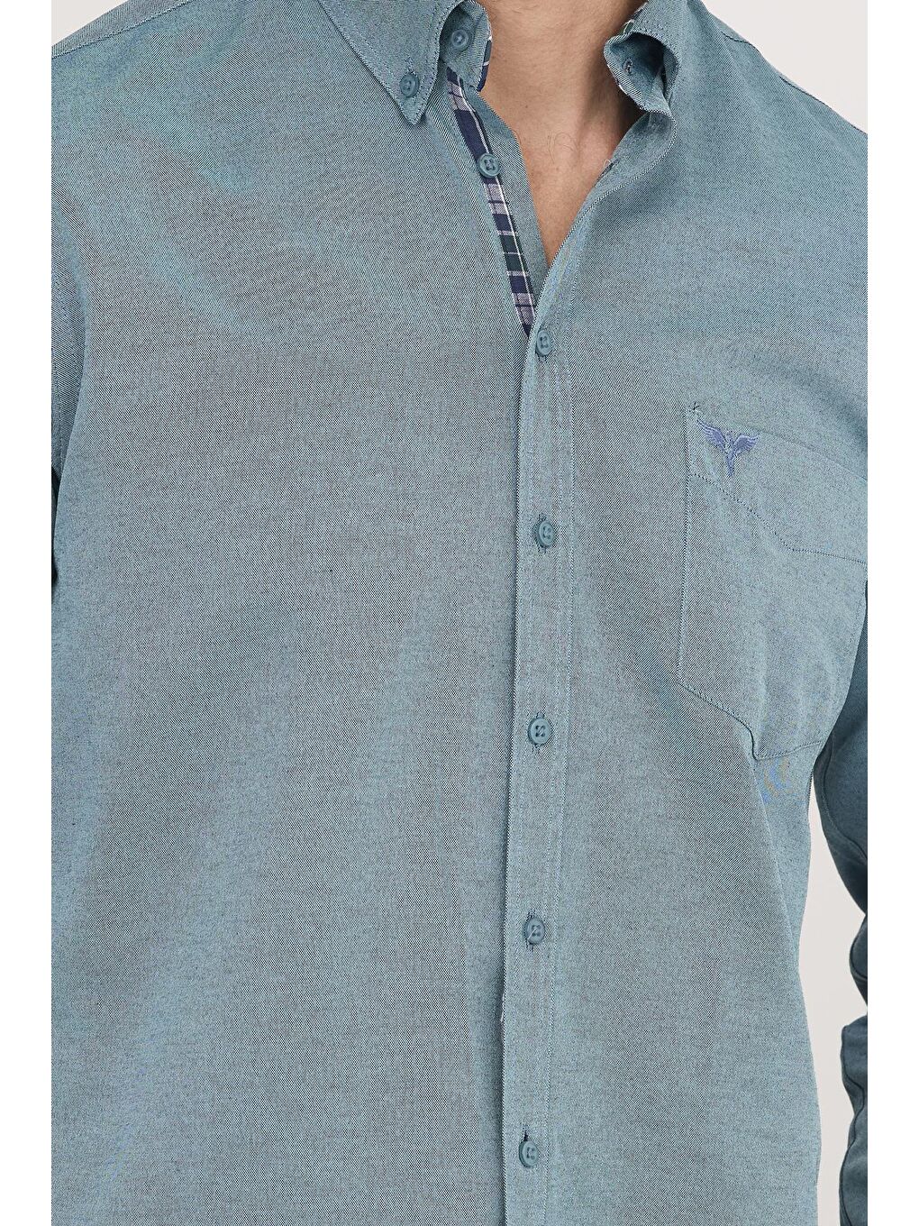 Erkek Regular Fit Klasik Kesim Pamuklu Oxford Doku Tek Cepli Yeşil Düğmeli Yaka Gömlek-2