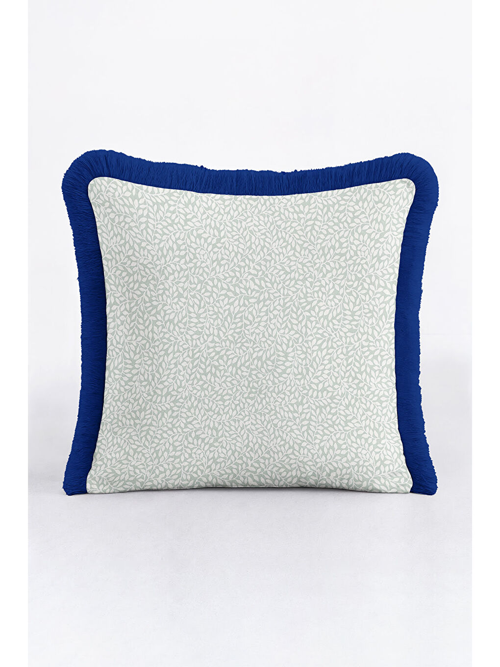 Karışık Zarif Yaprak Motifli Saçaklı Yastık Kılıfı - Mavi Kenarlı İskandinav Yeşil Püsküllü Kırlent Kılıfı-4