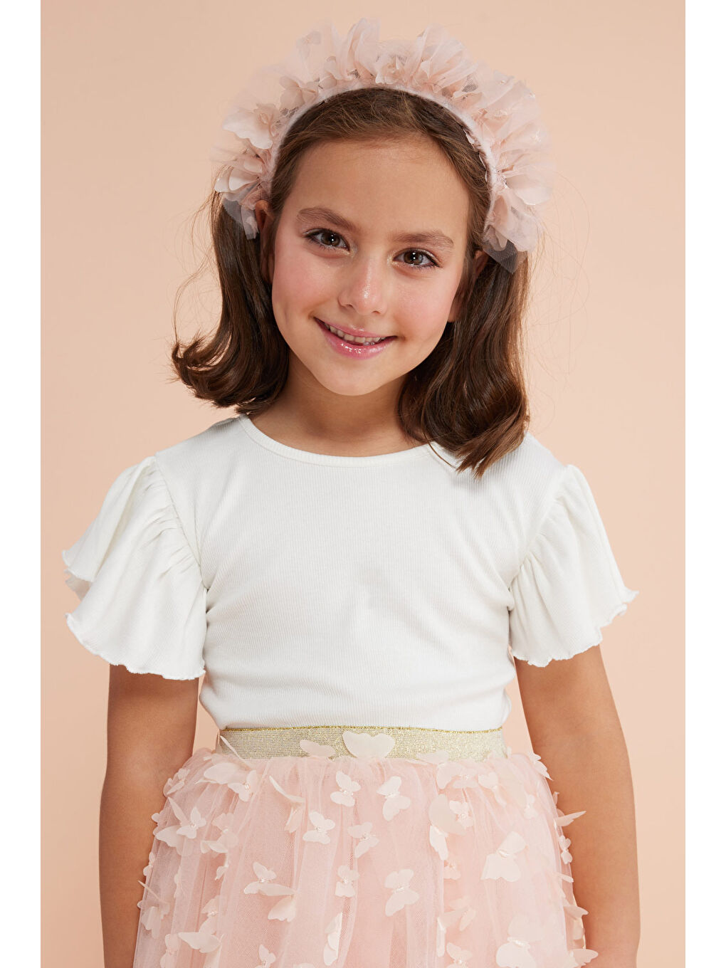 Ekru Arkası Çapraz Biyeli Kız Çocuk Tişört - Julie