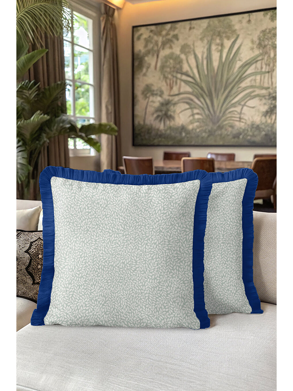 Karışık Zarif Yaprak Motifli Saçaklı Yastık Kılıfı - Mavi Kenarlı İskandinav Yeşil Püsküllü Kırlent Kılıfı-5