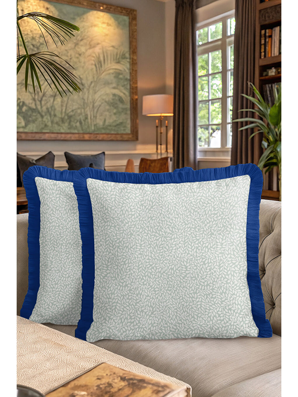 Karışık Zarif Yaprak Motifli Saçaklı Yastık Kılıfı - Mavi Kenarlı İskandinav Yeşil Püsküllü Kırlent Kılıfı-7