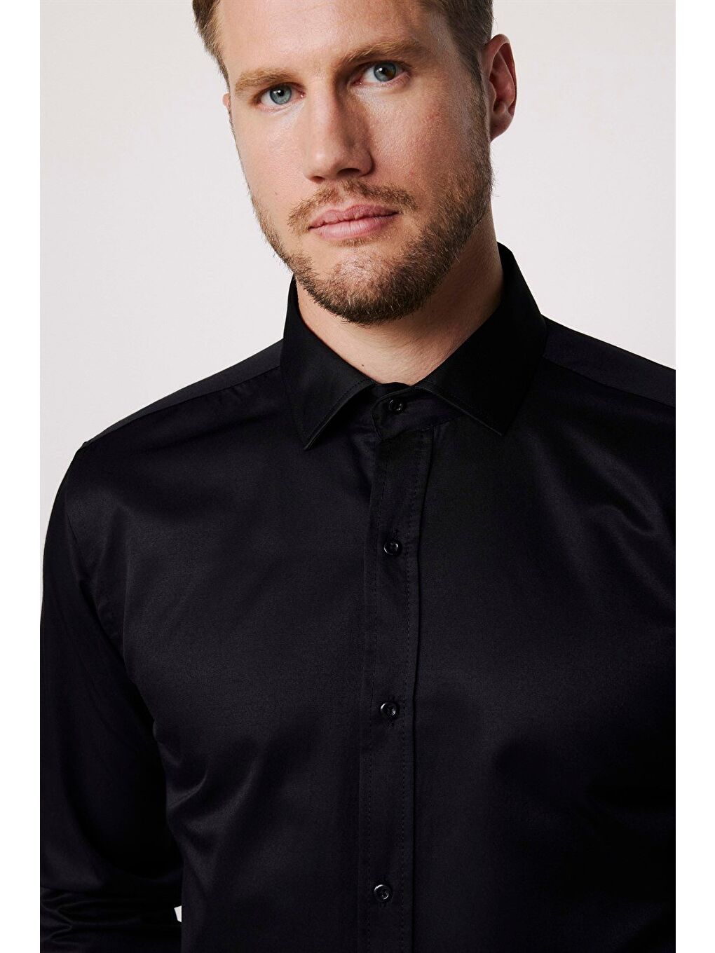 Erkek Modern Slim Fit Düz Saten Pamuklu Siyah Gömlek-2