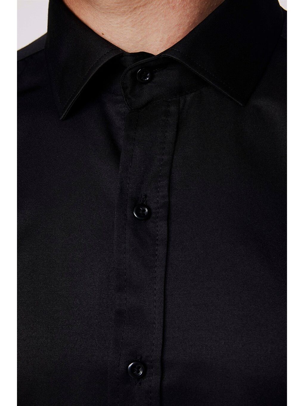 Erkek Modern Slim Fit Düz Saten Pamuklu Siyah Gömlek-3