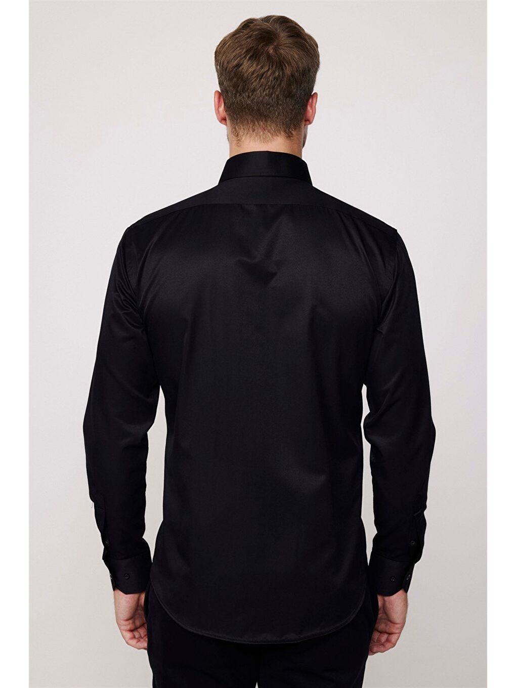 Erkek Modern Slim Fit Düz Saten Pamuklu Siyah Gömlek-4