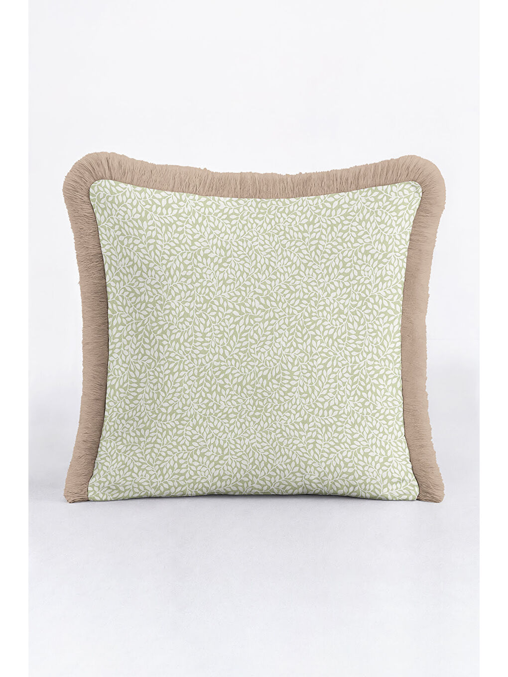 Karışık Zarif Yaprak Motifli Saçaklı Yastık Kılıfı - Doğal Yeşil Rustik Bej Püsküllü Kırlent Kılıfı-1